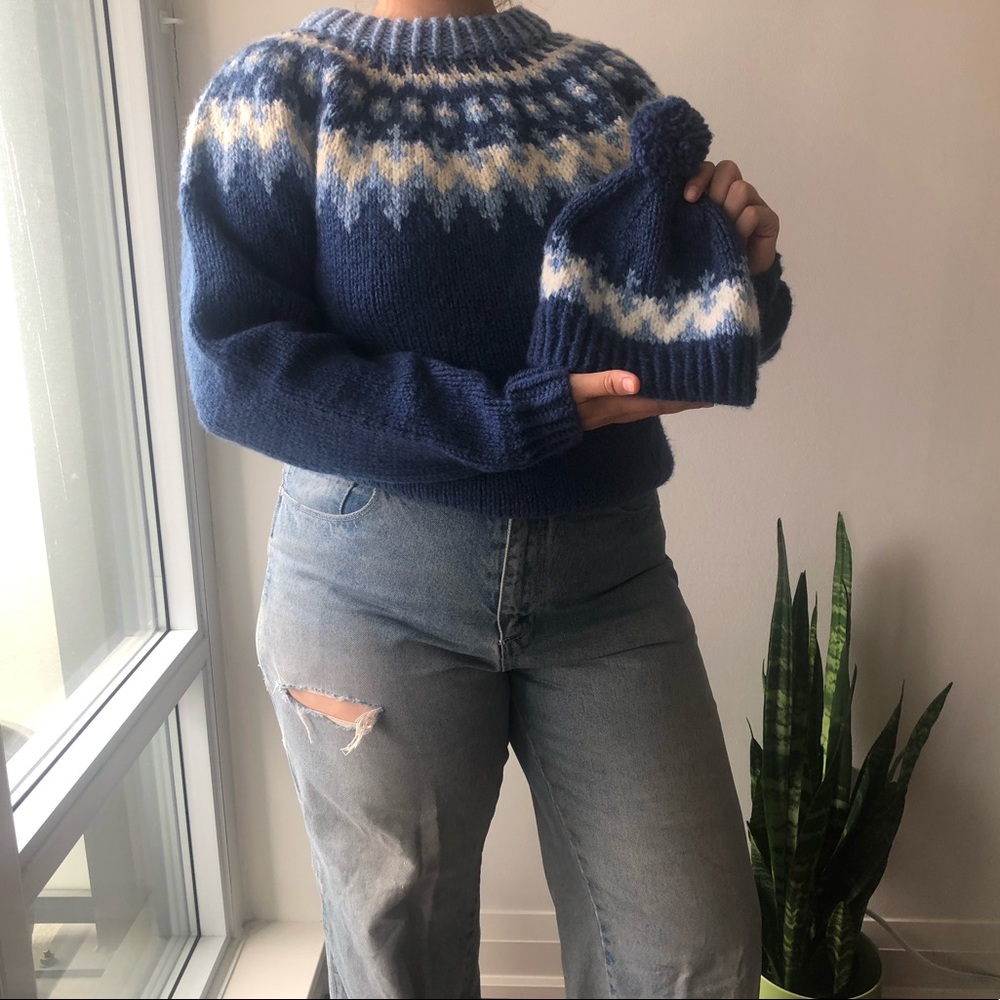 Matching knit blue sweater and hat